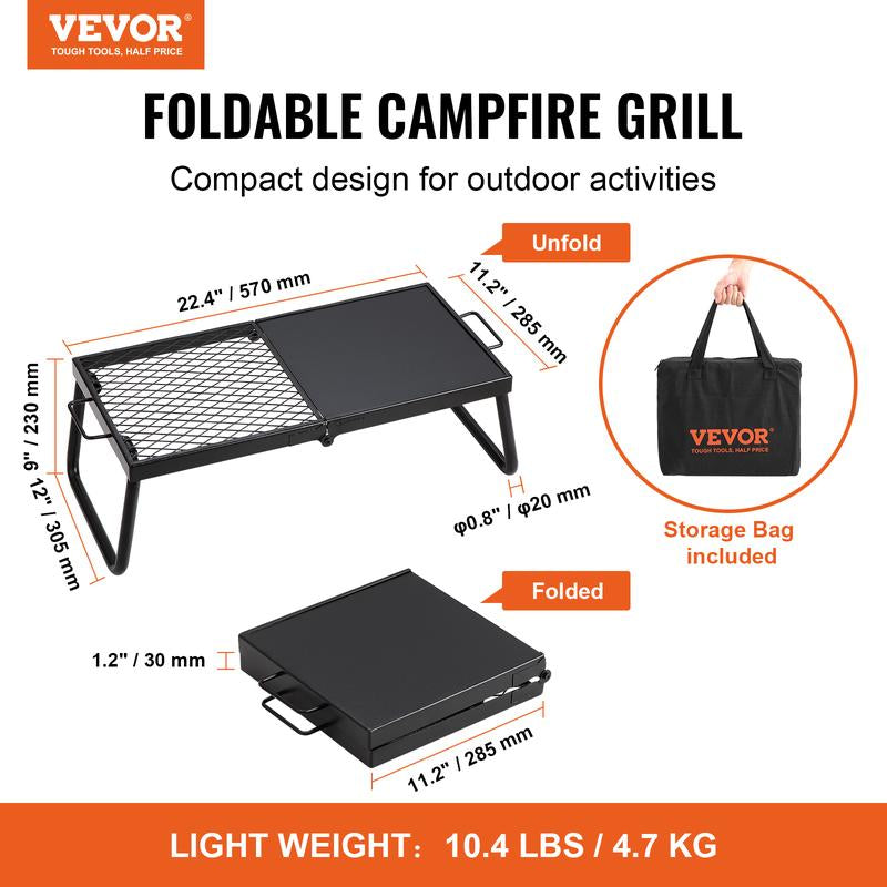 VEVOR Folding Campfire Grill, Heavy Duty Steel Mesh Grate, 22.4" Portable Camping Grates over Fire Pit, Camp Fire Cooking Equipment with Legs Carrying Bag, Grilling Rack for Outdoor Open Flame Cooking