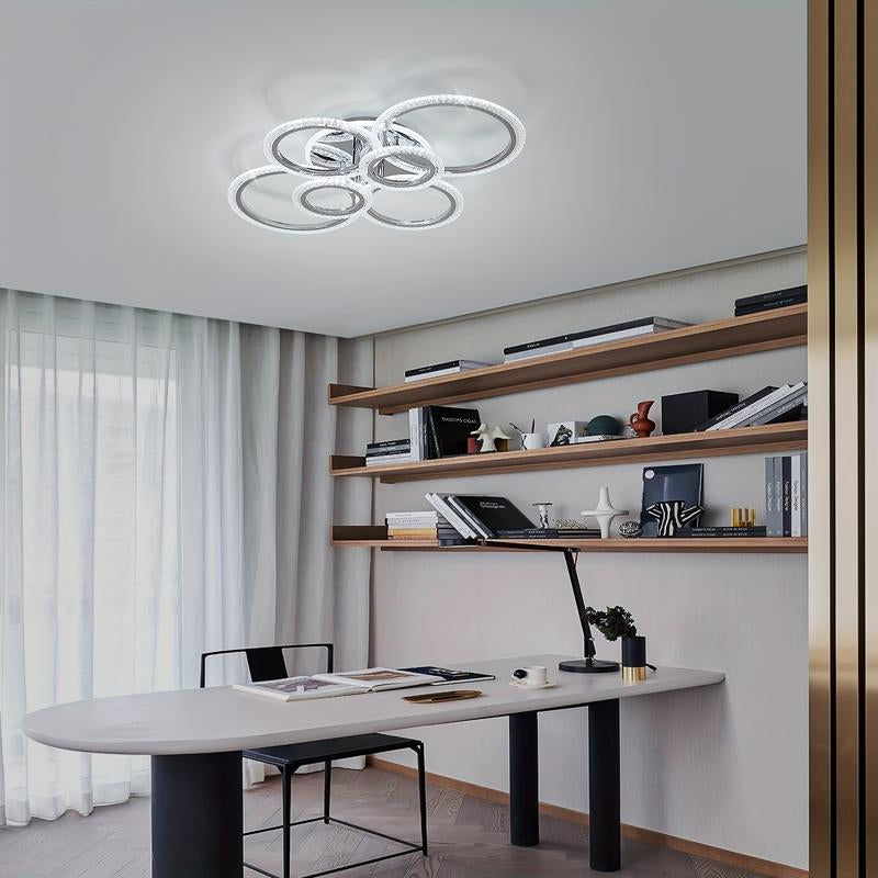 LED Ceiling Lamp, Modern Close to Ceiling Light, Dimmable 6 Rings Ceiling Chandelier for Living Room Bedroom, Chrome